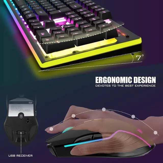Alt view image 3 of 4 - K10 Wireless Gaming Keyboard and Mouse Combo, LED Backlit Rechargeable 3800mAh Battery, Mechanical Feel Anti-ghosting Keyboard + 7D 3200DPI Mice for PC Gamer (Black)
