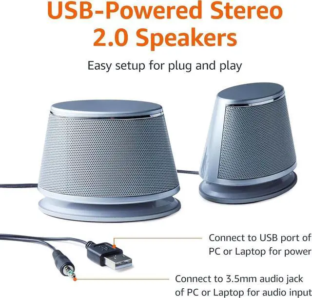 Alt view image 3 of 4 - Stereo 2.0 Speakers for PC or Laptop with Volume Control, 3.5mm Aux input, USB-Powered, 1 Pair, Silver