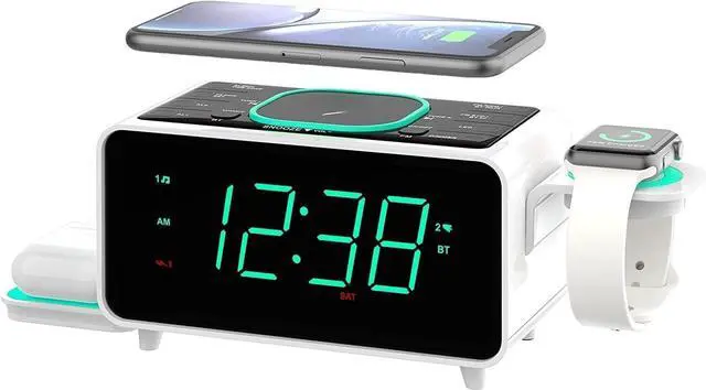 Main image of Smartset Dual Alarm Clock FM Radio with Wireless Charging, Bluetooth Speaker, Ultra Fast Charging for Airpods/iPhone, Foldable Stand, USB Charger, Adjustable LED Glow, ER100501