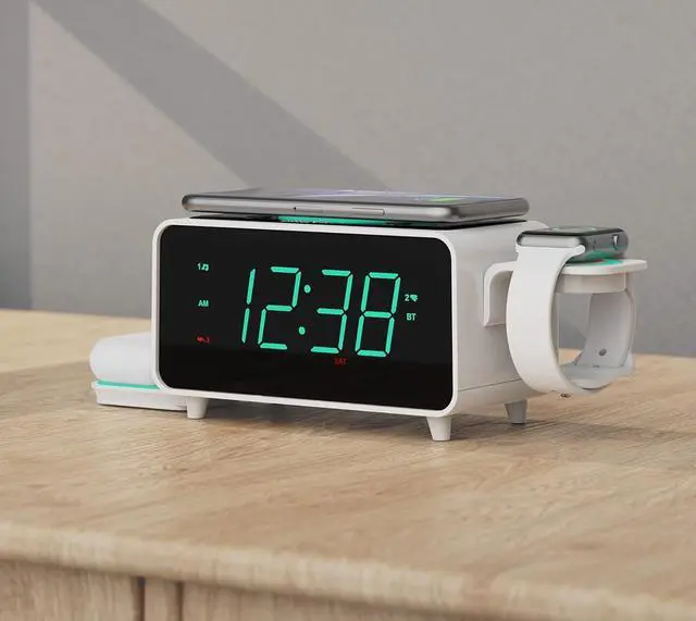 Alt view image 2 of 4 - Smartset Dual Alarm Clock FM Radio with Wireless Charging, Bluetooth Speaker, Ultra Fast Charging for Airpods/iPhone, Foldable Stand, USB Charger, Adjustable LED Glow, ER100501