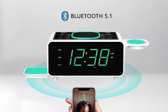 Alt view image 4 of 4 - Smartset Dual Alarm Clock FM Radio with Wireless Charging, Bluetooth Speaker, Ultra Fast Charging for Airpods/iPhone, Foldable Stand, USB Charger, Adjustable LED Glow, ER100501