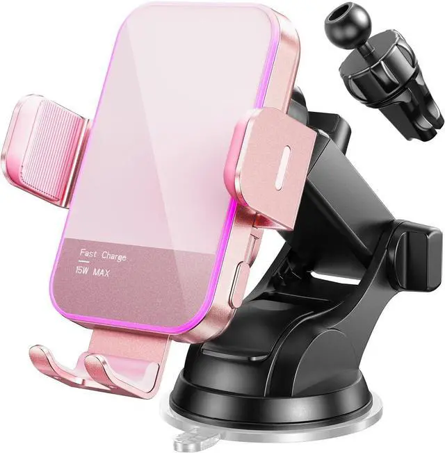 Main image of Wireless Car Charger,7 Colored LED Backlit 15W Auto Clamping Car Charger Phone Mount Holder fit for iPhone 14 13 12 Mini Pro Max 11 XR XS, Samsung Galaxy S23 Ultra S22 S21+ S10+ Note 20, etc - Pink