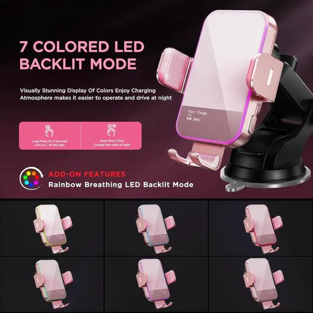 Alt view image 3 of 5 - Wireless Car Charger,7 Colored LED Backlit 15W Auto Clamping Car Charger Phone Mount Holder fit for iPhone 14 13 12 Mini Pro Max 11 XR XS, Samsung Galaxy S23 Ultra S22 S21+ S10+ Note 20, etc - Pink