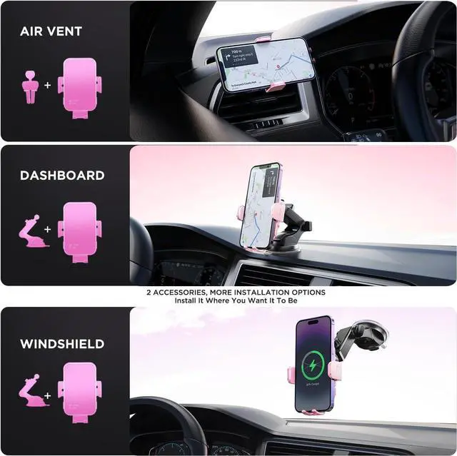 Alt view image 5 of 5 - Wireless Car Charger,7 Colored LED Backlit 15W Auto Clamping Car Charger Phone Mount Holder fit for iPhone 14 13 12 Mini Pro Max 11 XR XS, Samsung Galaxy S23 Ultra S22 S21+ S10+ Note 20, etc - Pink
