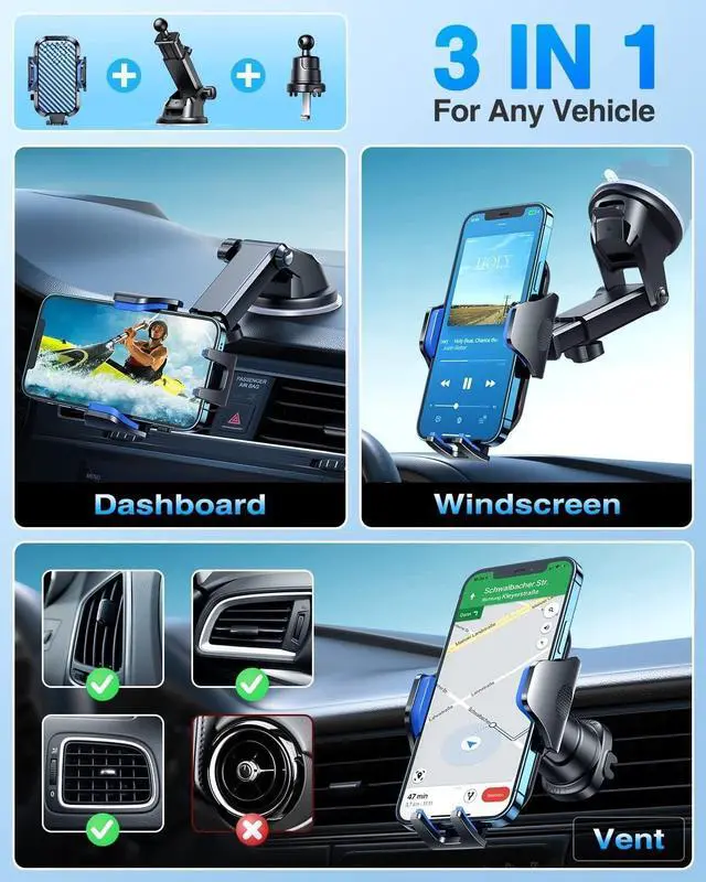 Alt view image 2 of 5 - Phone Holders for Your Car 2025 Ultimate Phone Mount Military-Grade Windshield Dashboard VentNewest Best Strongest Cell Phone Car Mount for iPhone 16 Pro Max 15 Samsung Android,Blue