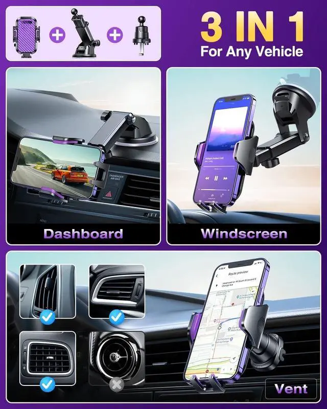 Alt view image 2 of 5 - Phone Holders for Your Car 2025 Ultimate Phone Mount Military-Grade Windshield Dashboard VentNewest Best Strongest Cell Phone Car Mount for iPhone 16 Pro Max 15 Samsung Android,Purple