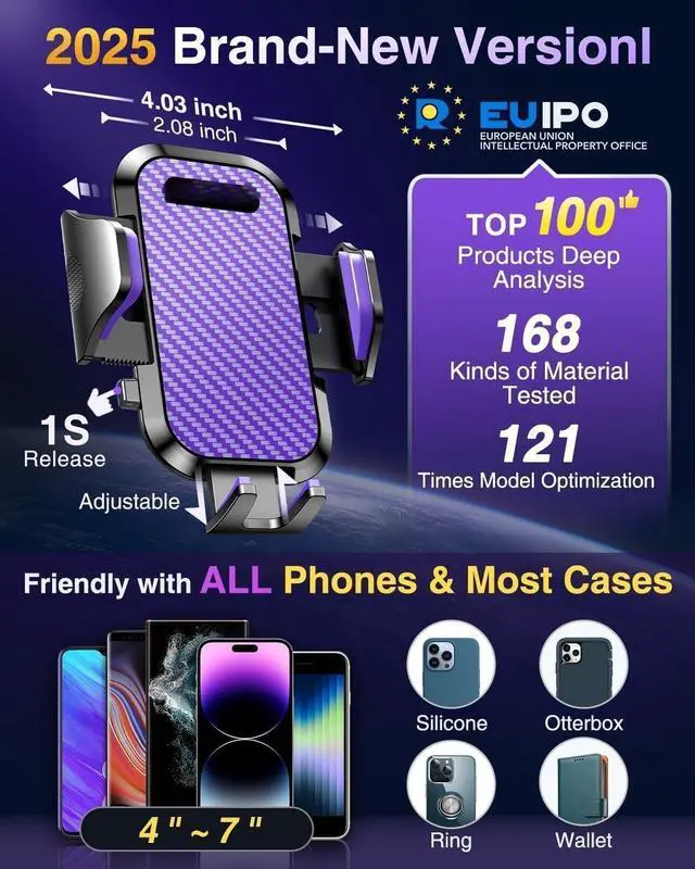 Alt view image 3 of 5 - Phone Holders for Your Car 2025 Ultimate Phone Mount Military-Grade Windshield Dashboard VentNewest Best Strongest Cell Phone Car Mount for iPhone 16 Pro Max 15 Samsung Android,Purple