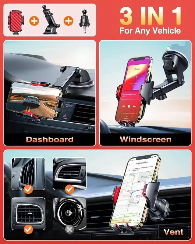 Alt view image 2 of 4 - Phone Holders for Your Car 2025 Ultimate Phone Mount Military-Grade Windshield Dashboard VentNewest Best Strongest Cell Phone Car Mount for iPhone 16 Pro Max 15 Samsung Android,Red
