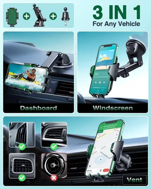 Alt view image 3 of 4 - Phone Holders for Your Car 2025 Ultimate Phone Mount Military-Grade Windshield Dashboard VentNewest Best Strongest Cell Phone Car Mount for iPhone 16 Pro Max 15 Samsung Android,Green