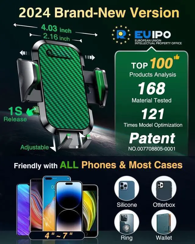 Alt view image 4 of 4 - Phone Holders for Your Car 2025 Ultimate Phone Mount Military-Grade Windshield Dashboard VentNewest Best Strongest Cell Phone Car Mount for iPhone 16 Pro Max 15 Samsung Android,Green
