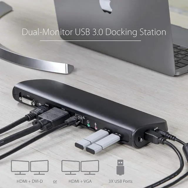 Alt view image 2 of 5 - Dual Monitor USB 3.0 Laptop Docking Station with HDMI/DVI/VGA, 3x USB-A Hub, GbE, Audio, Universal Type-A Dock for Windows/macOS/ChromeOS - TAA Compliant (USB3SDOCKHDV)