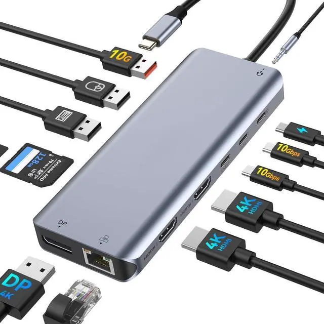 Main image of FOR Laptop Docking Station 13 in 1 - Dual HDMI+DisplayPort+10Gbps, 6 USB C/A, 100W PD, Ethernet, SD/TF, Audio, USB C Hub for MacBook/Dell/HP/Surface