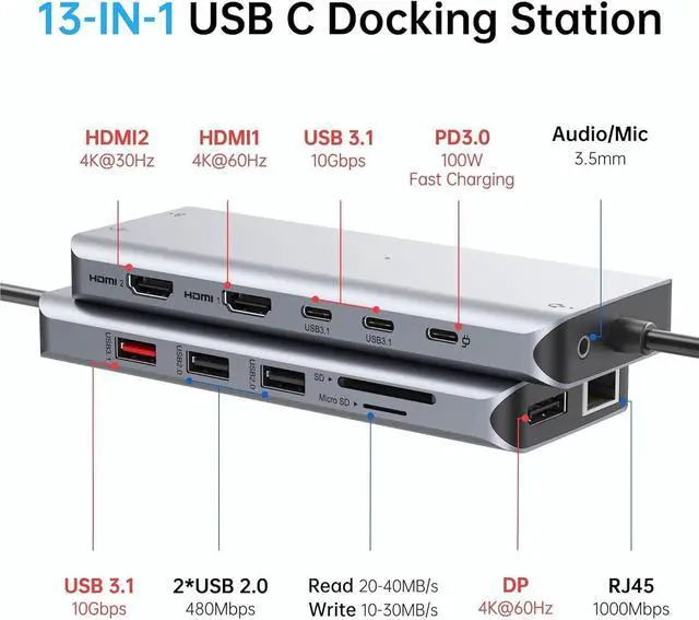 Alt view image 2 of 5 - FOR Laptop Docking Station 13 in 1 - Dual HDMI+DisplayPort+10Gbps, 6 USB C/A, 100W PD, Ethernet, SD/TF, Audio, USB C Hub for MacBook/Dell/HP/Surface
