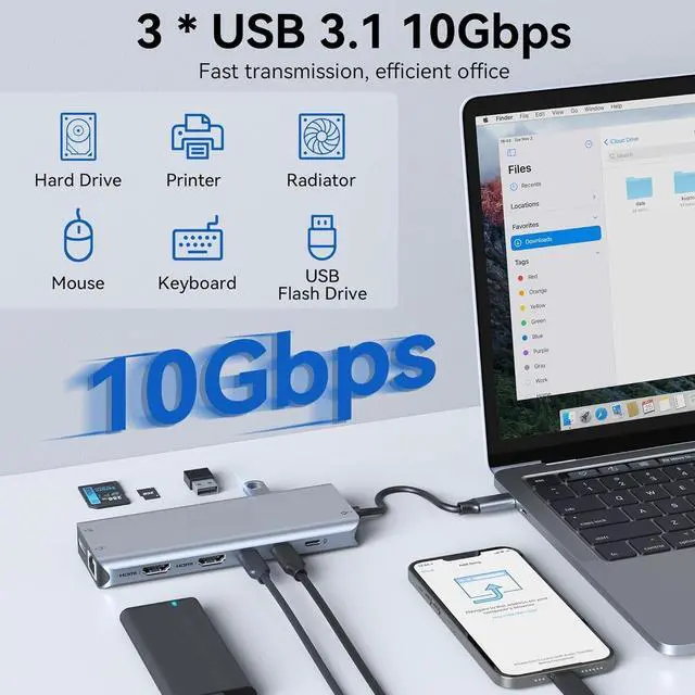 Alt view image 4 of 5 - Laptop Docking Station Dual Monitor, USB C Hub,USB C Docking Station with Dual HDMI,DP,10G USB A/C,100W PD,5 USB A/C Ports,Triple Display Laptop Docking Station for Dell,Hp,Lenovo,MacBook.etc