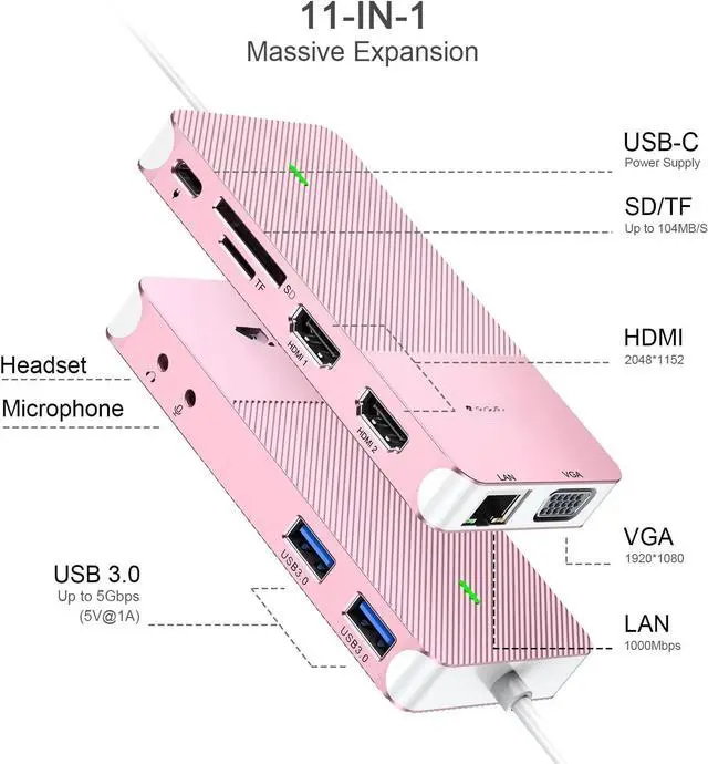 Alt view image 2 of 6 - USB Docking Station USB C HUB USB 3.0 to Dual HDMI VGA Adapter Triple Display USB C Laptop Docking Station Dual Monitor HDMI Splitter Extender Compatible with MacBook M1 M2 USB Dock-Rose Gold