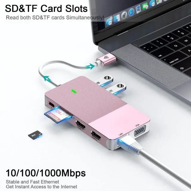 Alt view image 5 of 6 - USB Docking Station USB C HUB USB 3.0 to Dual HDMI VGA Adapter Triple Display USB C Laptop Docking Station Dual Monitor HDMI Splitter Extender Compatible with MacBook M1 M2 USB Dock-Rose Gold