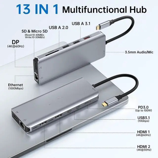 Alt view image 2 of 5 - FOR-USB C Laptop Docking Station Dual Monitor Dual HDMI 4k DP Triple Display Hub 10G, 13 in 1 USB C Hub with 3 Monitors,Displayport,USB3.1,RJ45,100W PD,Card Reader,Audio/Mic, for Dell HP