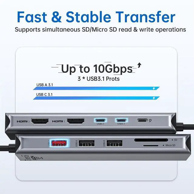 Alt view image 4 of 5 - FOR-USB C Laptop Docking Station Dual Monitor Dual HDMI 4k DP Triple Display Hub 10G, 13 in 1 USB C Hub with 3 Monitors,Displayport,USB3.1,RJ45,100W PD,Card Reader,Audio/Mic, for Dell HP