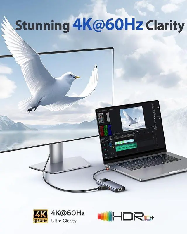 Alt view image 2 of 5 - FOR-10Gbps USB C Hub, 3 USB A/C Data Ports, 4K@60Hz HDMI, Gigabit Ethernet, 100W PD, 6 in 1 USB C Docking Station Compatible for iPhone 15/Dell/HP/Mac/iPad/Microsoft/Steam Deck