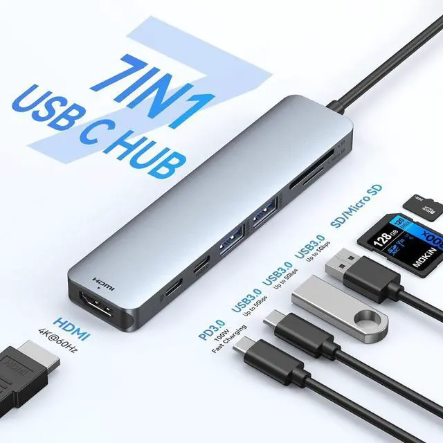 Alt view image 2 of 6 - USB C Hub HDMI Adapter for MacBook Pro/Air, 7 in 1 USB C Dongle with HDMI, SD/TF Card Reader, USB C Data Port,100W PD, and 2 USB 3.0 Compatible for MacBook Pro/Air, Dell XPS, Lenovo Thinkpad.