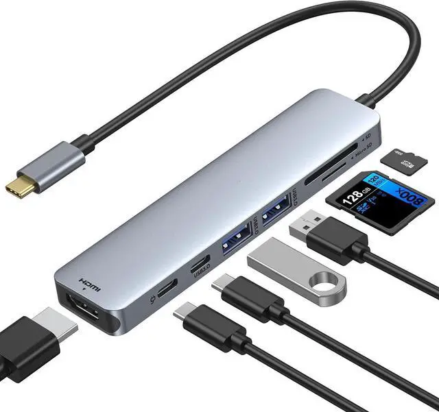 Main image of USB C Hub HDMI Adapter for MacBook Pro/Air, 7 in 1 USB C Dongle with HDMI, SD/TF Card Reader, USB C Data Port,100W PD, and 2 USB 3.0 Compatible for MacBook Pro/Air, Dell XPS, Lenovo Thinkpad.