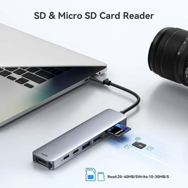 Alt view image 6 of 6 - USB C Hub HDMI Adapter for MacBook Pro/Air, 7 in 1 USB C Dongle with HDMI, SD/TF Card Reader, USB C Data Port,100W PD, and 2 USB 3.0 Compatible for MacBook Pro/Air, Dell XPS, Lenovo Thinkpad.