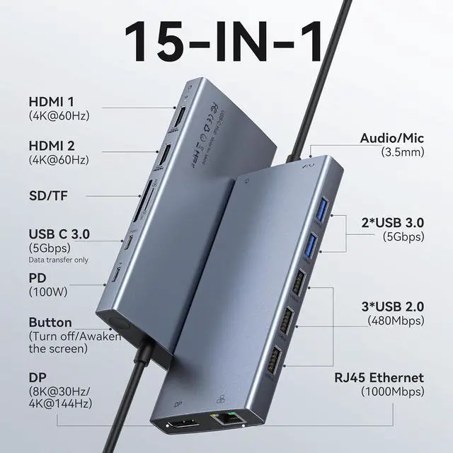 Alt view image 2 of 5 - USB C Laptop Docking Station with 2 HDMI 4K@60Hz+DP 8K@30Hz 15 in 1 USB C Hub Triple Display Multiple Adapter Dongle with USB A Port+Button+PD+Ethernet+SD/TF+Audio for Dell HP Thinkpad Surface