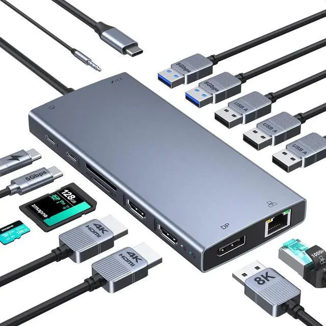 Main image of USB C Laptop Docking Station with 2 HDMI 4K@60Hz+DP 8K@30Hz 15 in 1 USB C Hub Triple Display Multiple Adapter Dongle with USB A Port+Button+PD+Ethernet+SD/TF+Audio for Dell HP Thinkpad Surface