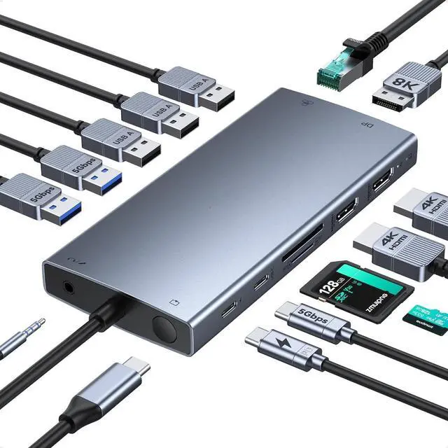 Alt view image 4 of 5 - USB C Laptop Docking Station with 2 HDMI 4K@60Hz+DP 8K@30Hz 15 in 1 USB C Hub Triple Display Multiple Adapter Dongle with USB A Port+Button+PD+Ethernet+SD/TF+Audio for Dell HP Thinkpad Surface