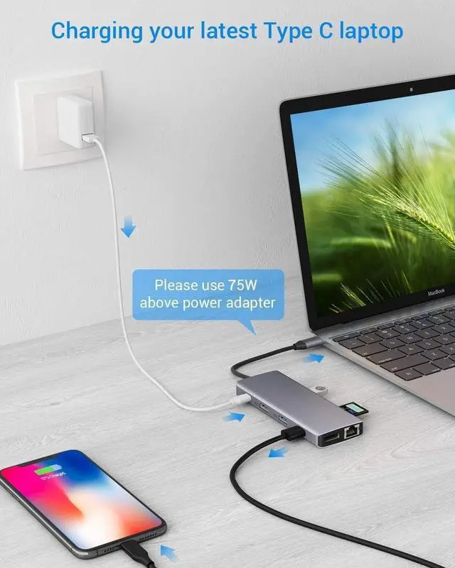 Alt view image 5 of 5 - USB C HUB, Upgraded 13 in 1 Type C Hub Dongle Adapter (4K Dual HDMI&DP,75W PD), Triple Display Docking Station for Windows&MacBook Pro USB C Systems, macOS only Support Mirror Display