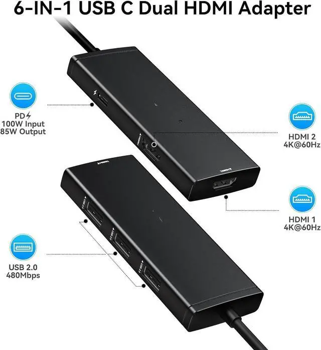 Alt view image 2 of 4 - Docking Station USB C to Dual HDMI Adapter, USB-C Hub with 2 Monitors for Laptop, Dongle Adapter with Dual HDMI 4K@60 Hz, 3 USB Port,PD Compatible for Dell XPS 13/15, etc (Black)