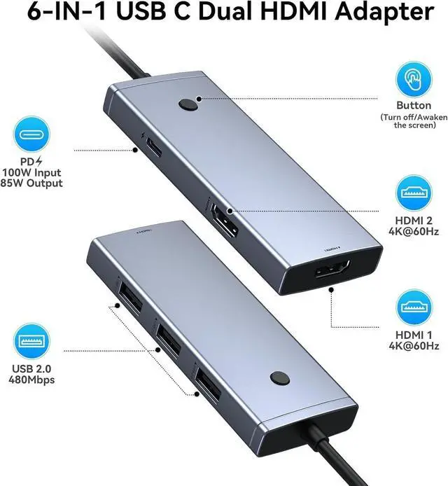 Alt view image 2 of 4 - Docking Station to Dual HDMI Monitors Adapter USB C to Dual HDMI Adapter 4K 60 Hz for Laptops Docking Station Dual Monitor with PD 3 USB Port Button Compatible for HP Elitebook Dell XPS 13 15 etc