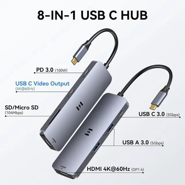 Alt view image 3 of 5 - USB C Hub HDMI Adapter for MacBook Pro/Air, 8 in 1 USB C Video Hub with HDMI 4K@60Hz,SD/TF,USB C Data Port,100W PD,USB 3.0 USB CDongle Compatible for Dell XPS/Lenovo Thinkpad/HP/Surface/Yoga etc
