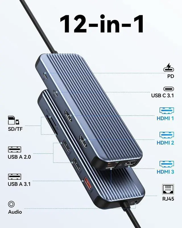 Alt view image 2 of 6 - USB C Docking Station 3 HDMI, Docking Station 3 Monitors,12 in 1 Docking Station Dual Monitor, Laptop Docking Station Triple HDMI with 10Gbps USB A/C 3.1,USB 2.0,100W PD,Ethernet, Audio&Mic,SD&TF Slot