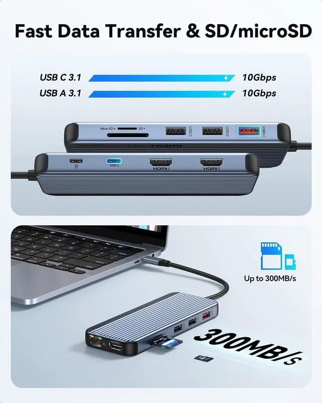 Alt view image 6 of 6 - USB C Docking Station 3 HDMI, Docking Station 3 Monitors,12 in 1 Docking Station Dual Monitor, Laptop Docking Station Triple HDMI with 10Gbps USB A/C 3.1,USB 2.0,100W PD,Ethernet, Audio&Mic,SD&TF Slot