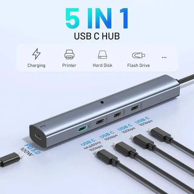 Alt view image 2 of 6 - 10Gbps USB C Hub with 4K@60Hz Video Display, 5 Ports USB C Splitter, C Port Data Transfer, 100W PD-in Charging, Dongle Multiport Adapter for MacBook Pro, iPad, Dell, HP, and More