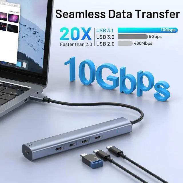 Alt view image 3 of 6 - 10Gbps USB C Hub with 4K@60Hz Video Display, 5 Ports USB C Splitter, C Port Data Transfer, 100W PD-in Charging, Dongle Multiport Adapter for MacBook Pro, iPad, Dell, HP, and More
