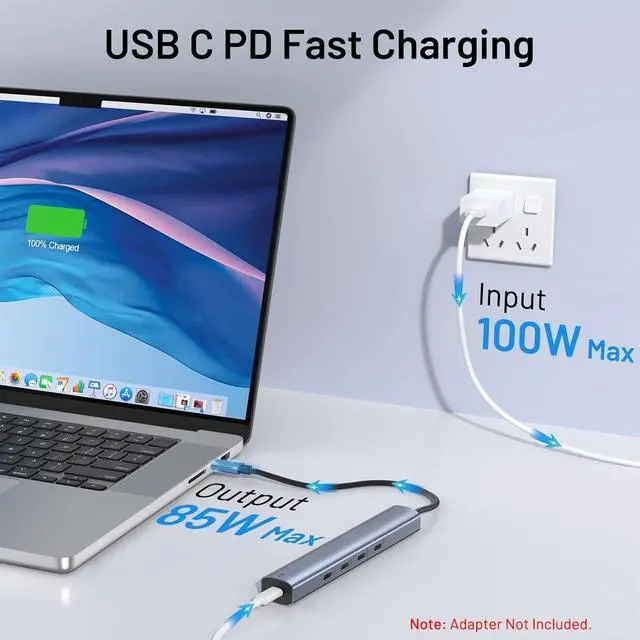 Alt view image 4 of 6 - 10Gbps USB C Hub with 4K@60Hz Video Display, 5 Ports USB C Splitter, C Port Data Transfer, 100W PD-in Charging, Dongle Multiport Adapter for MacBook Pro, iPad, Dell, HP, and More