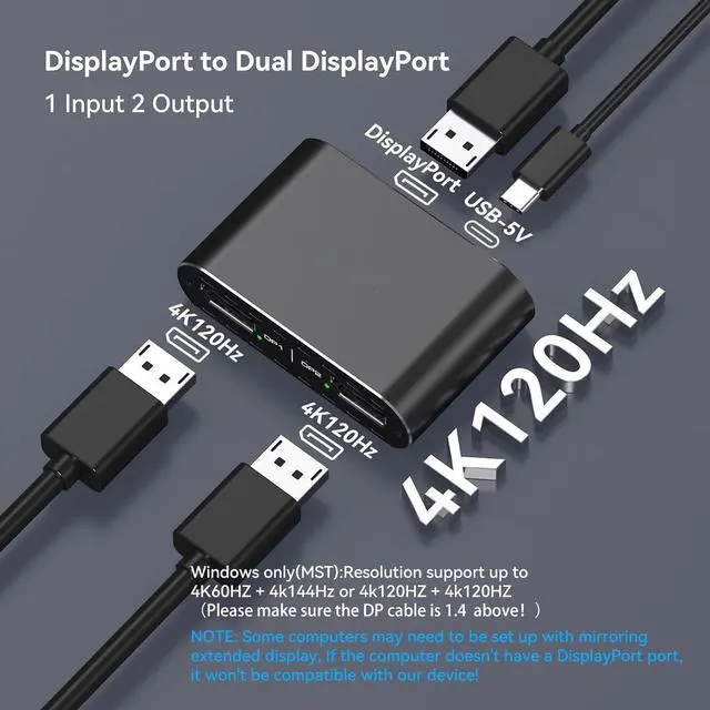 Alt view image 3 of 5 - FOR-DisplayPort to Dual Displayport Splitter 4K120Hz DP to Dual DP Splitter for Dual Monitors Supports Mirrored/Extended Display for Windows Only
