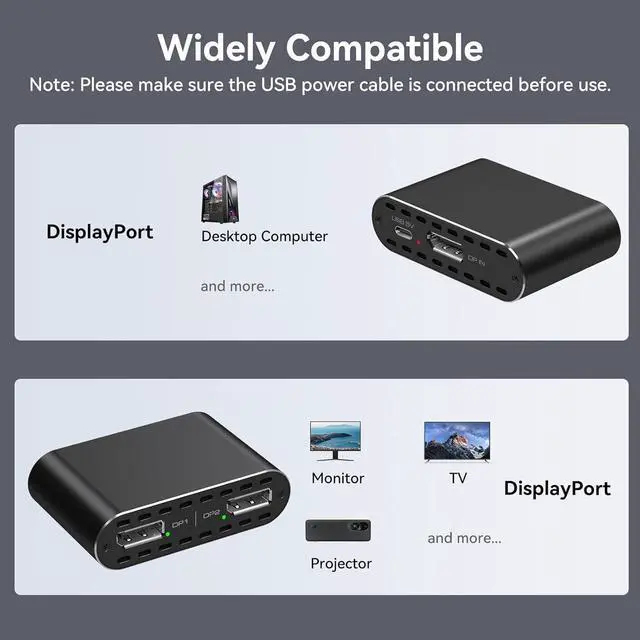 Alt view image 5 of 5 - FOR-DisplayPort to Dual Displayport Splitter 4K120Hz DP to Dual DP Splitter for Dual Monitors Supports Mirrored/Extended Display for Windows Only