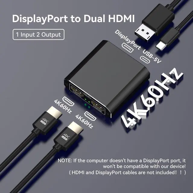 Alt view image 3 of 5 - DisplayPort to HDMI Splitter 4K60Hz DP to Dual HDMI Splitter 1 in 2 Out Extended Display with Power Cable Supports Extended and Mirror Mode for Windows (Mac OS only Supports Mirror Mode)