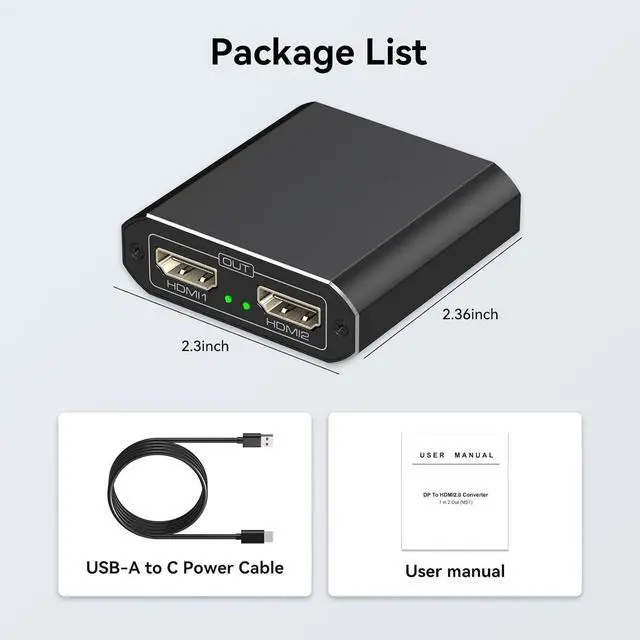 Alt view image 5 of 5 - DisplayPort to HDMI Splitter 4K60Hz DP to Dual HDMI Splitter 1 in 2 Out Extended Display with Power Cable Supports Extended and Mirror Mode for Windows (Mac OS only Supports Mirror Mode)