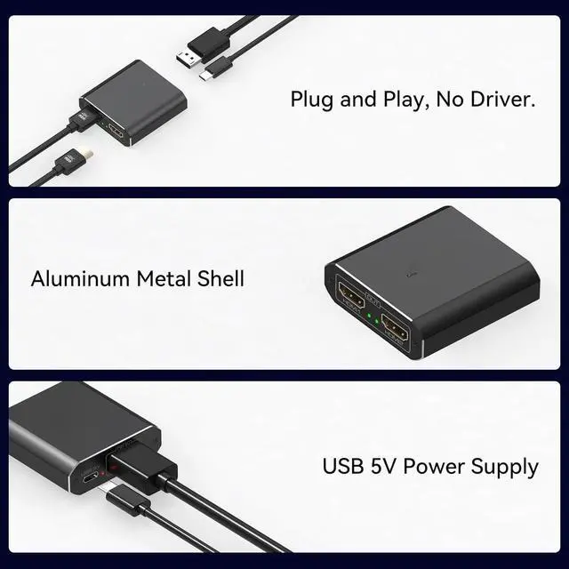 Alt view image 4 of 5 - DisplayPort to HDMI Splitter 4K60Hz DP to Dual HDMI Splitter 1 in 2 Out Extended Display with Power Cable Supports Extended and Mirror Mode for Windows (Mac OS only Supports Mirror Mode)