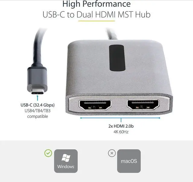 Alt view image 2 of 4 - FOR-USB-C to Dual HDMI Adapter, USB Type-C Multi-Monitor MST Hub, Dual 4K 60Hz HDMI Laptop Display Extender / Splitter, HDR, Extra-Long Built-In Cable, Windows Only (MST14CD122HD)