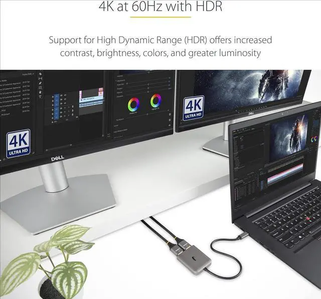 Alt view image 3 of 4 - FOR-USB-C to Dual HDMI Adapter, USB Type-C Multi-Monitor MST Hub, Dual 4K 60Hz HDMI Laptop Display Extender / Splitter, HDR, Extra-Long Built-In Cable, Windows Only (MST14CD122HD)
