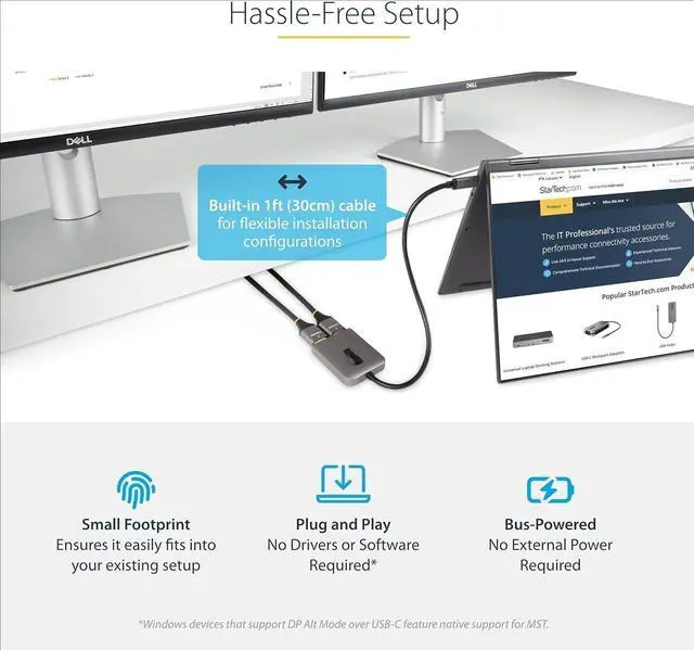 Alt view image 4 of 4 - FOR-USB-C to Dual HDMI Adapter, USB Type-C Multi-Monitor MST Hub, Dual 4K 60Hz HDMI Laptop Display Extender / Splitter, HDR, Extra-Long Built-In Cable, Windows Only (MST14CD122HD)