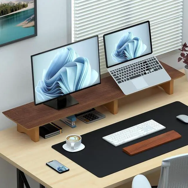 Alt view image 4 of 5 - Large Dual Monitor Stand Riser, Solid Wood Desk Shelf with Eco Cork Legs for Laptop Computer/TV/PC/Printers, Perfect Desktop Stands Organizer with Underneath Storage for Office Accessories
