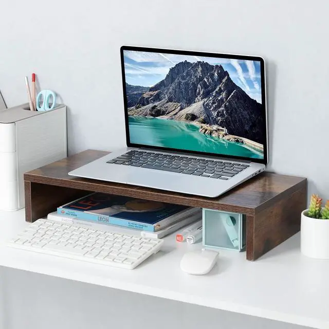 Alt view image 2 of 4 - 20 Inch Monitor Stand Riser, Wooden Desktop Riser for TV/PC/Laptop/Printer, Rustic Brown Monitor Riser with Storage, Computer Stand Keyboard Organizer