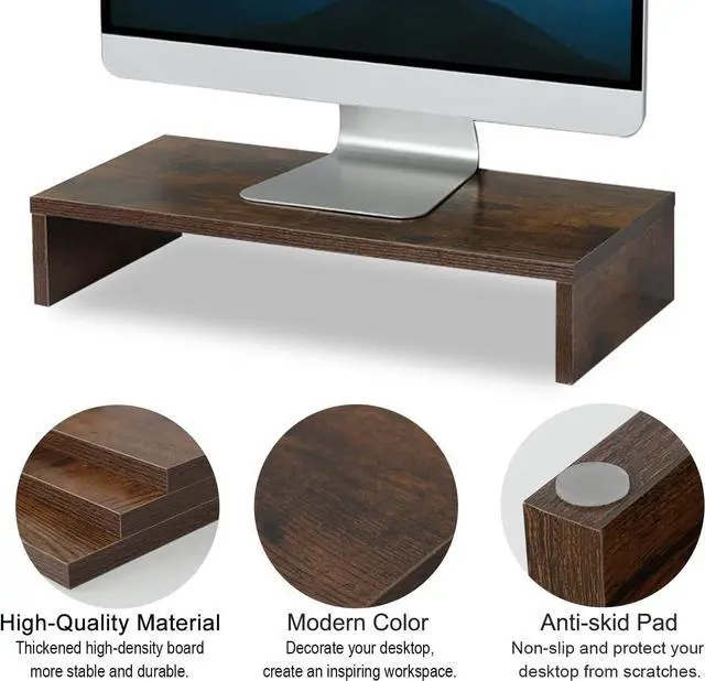 Alt view image 3 of 4 - 20 Inch Monitor Stand Riser, Wooden Desktop Riser for TV/PC/Laptop/Printer, Rustic Brown Monitor Riser with Storage, Computer Stand Keyboard Organizer