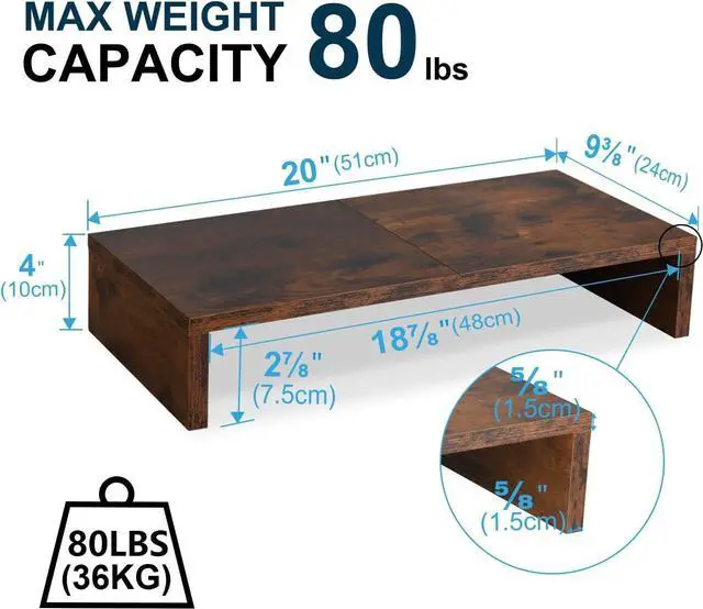 Alt view image 4 of 4 - 20 Inch Monitor Stand Riser, Wooden Desktop Riser for TV/PC/Laptop/Printer, Rustic Brown Monitor Riser with Storage, Computer Stand Keyboard Organizer